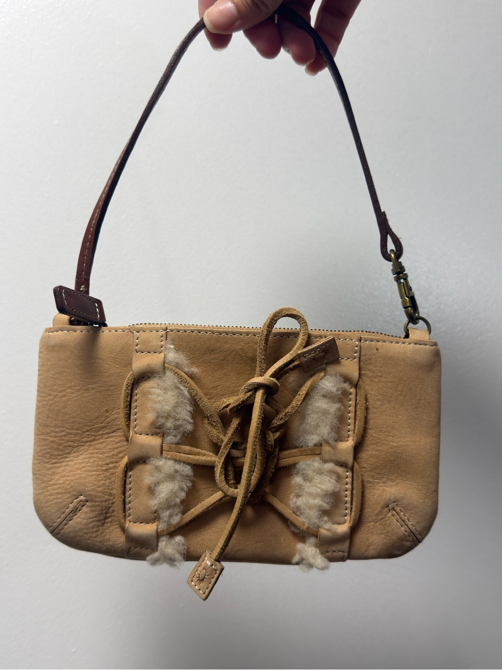 UGG Tan Leather Shearling Wristlet with Lace Detail
